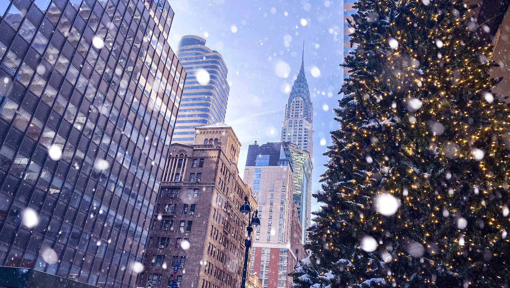 New York City skyline during snow storm