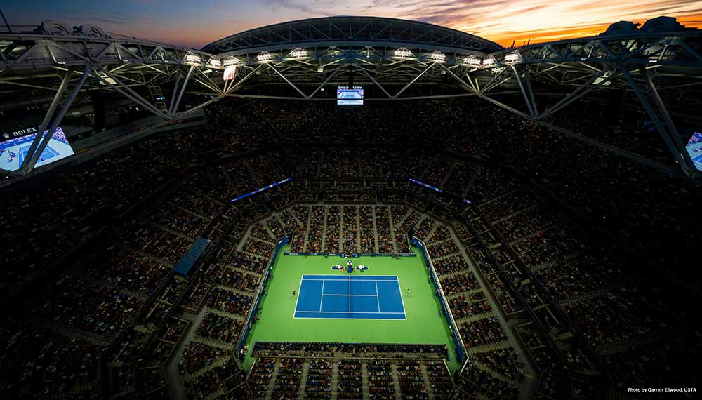 Overheard view of US tennis court